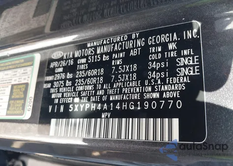 2017 Kia Sorento 2.0T Ex z USA, uszkodzony, nr VIN 5XYPH4A14HG190770